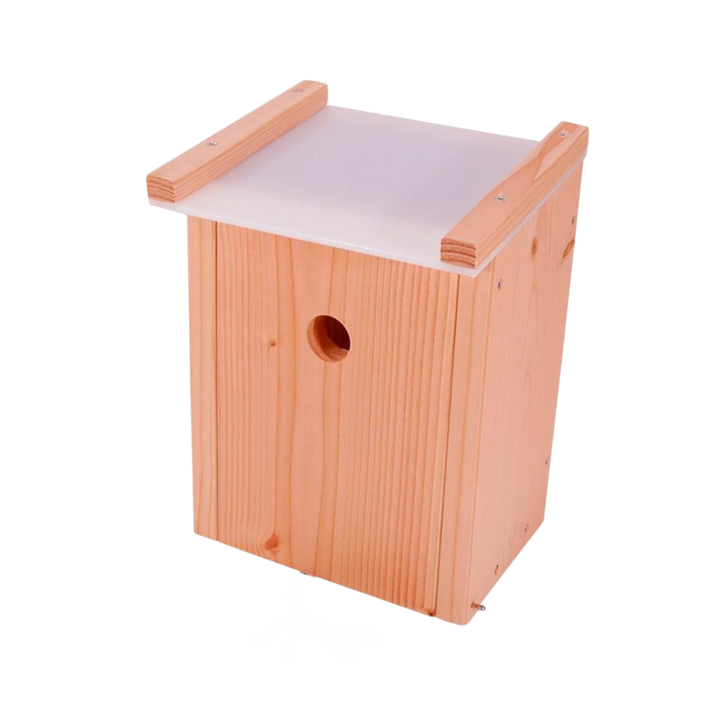 Bred musvitkasse med 32 mm hul i douglasgran med akryltag